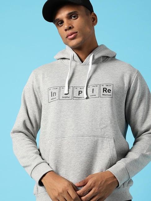 campus sutra grey cotton regular fit printed hooded sweatshirt