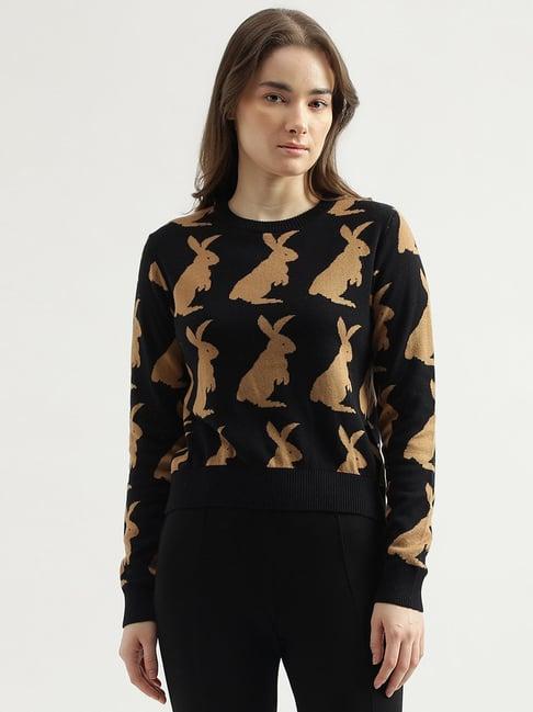 united colors of benetton black & beige cotton printed sweater