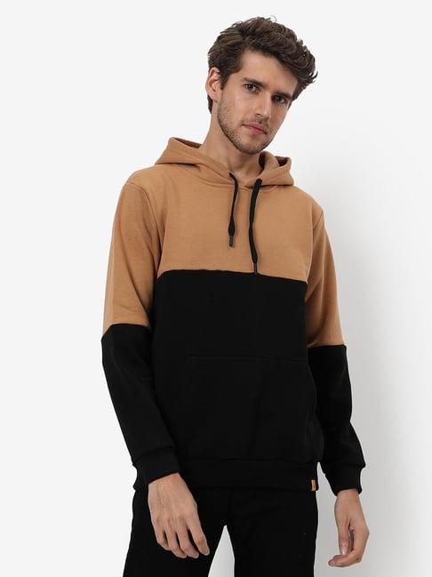 campus sutra tan & black cotton regular fit colour block hooded sweatshirt