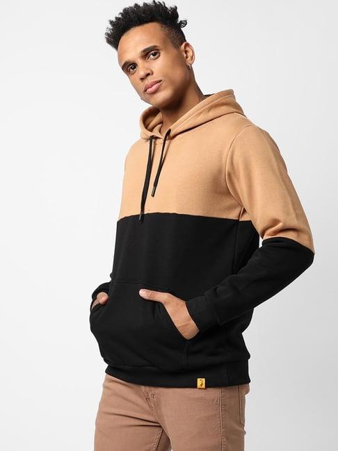 campus sutra tan & black cotton regular fit colour block hooded sweatshirt