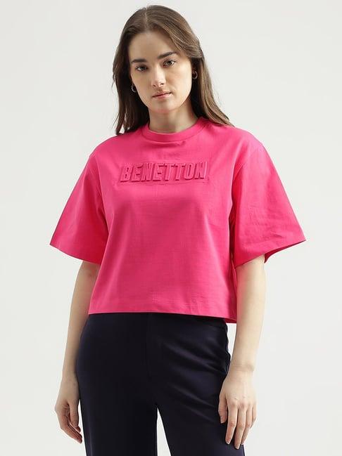 united colors of benetton fuchsia cotton graphic print t-shirt