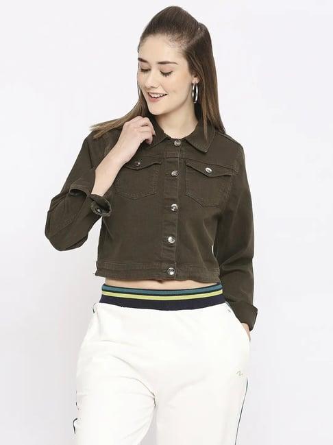 spykar olive regular fit cropped denim jacket