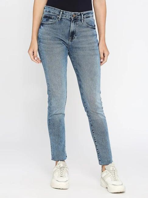 spykar blue cotton skinny fit mid rise jeans