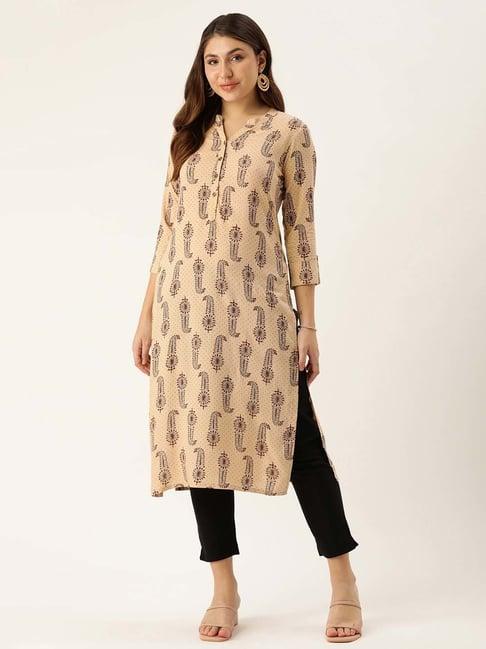 amukti beige printed a line kurta