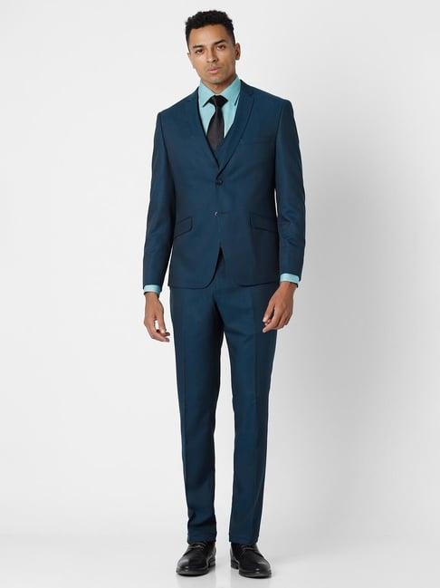 v dot blue skinny fit texture three piece suit