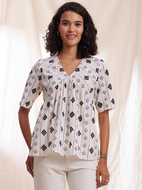 pink fort black & white cotton printed top