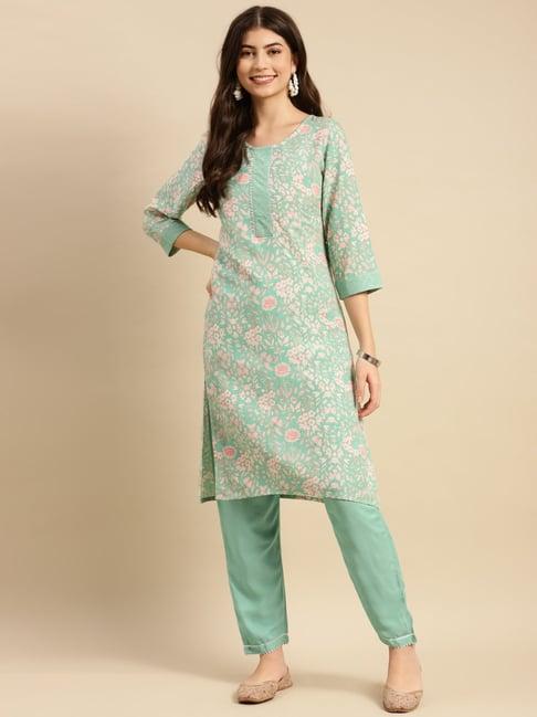 rangita mint green floral print kurta pant set