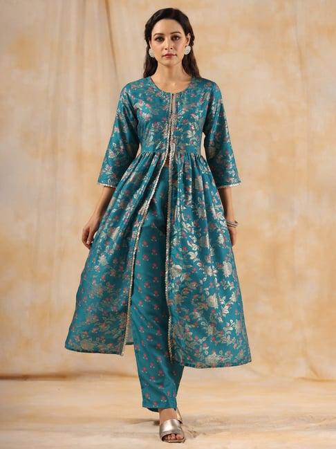 jaipur kurti teal silk floral print kurta pant set