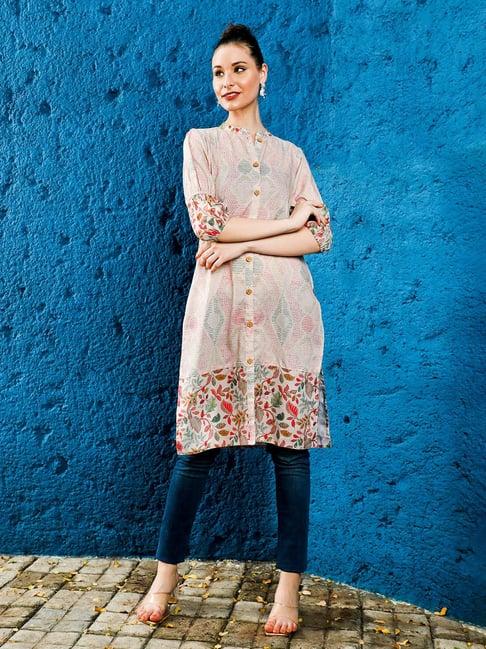 jaipur kurti peach floral print straight kurta