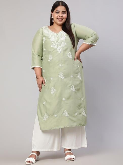 jaipur kurti sage green silk chikankari plus size straight kurta