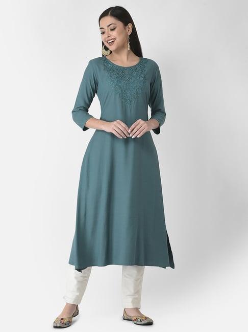 span emrald green embroidered a line kurta