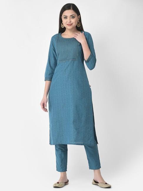 span blue embroidered straight kurta