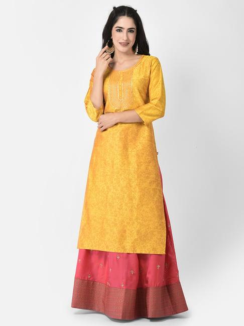 span yellow printed straight kurta