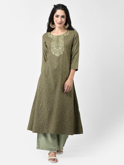 span olive printed a line kurta