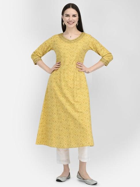 span yellow printed a line kurta