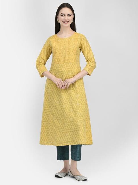 span yellow embroidered a line kurta