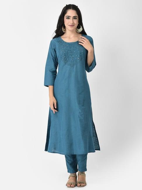 span blue embroidered a line kurta