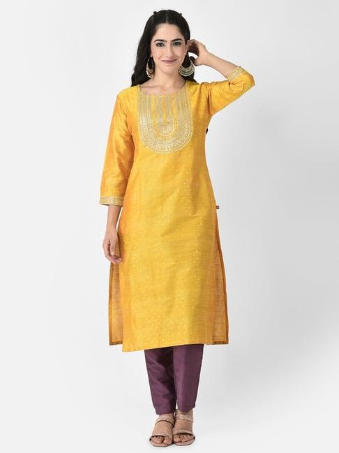 span yellow embellished straight kurta