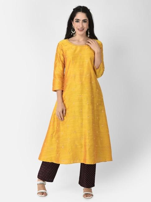 span yellow embroidered a line kurta