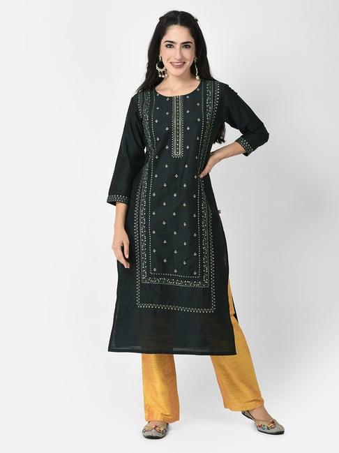 span dark green embroidered straight kurta