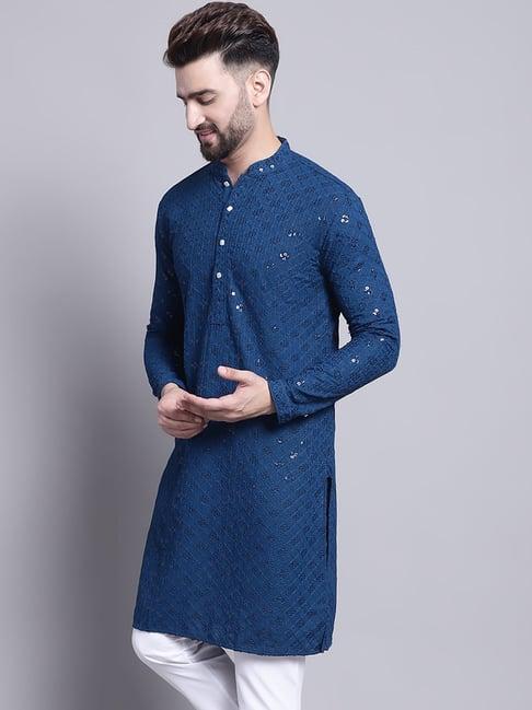 sojanya teal blue cotton regular fit embellished kurta