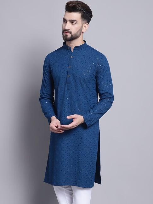 sojanya teal blue cotton regular fit embellished kurta