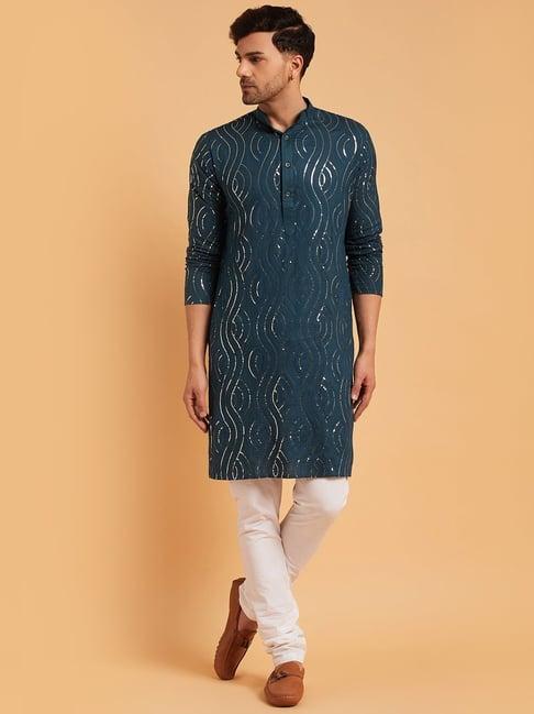 sojanya teal blue cotton regular fit embellished kurta