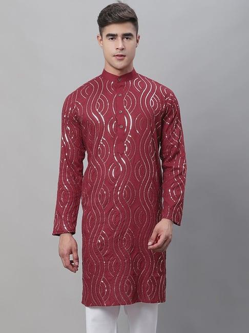 sojanya maroon cotton regular fit embellished kurta