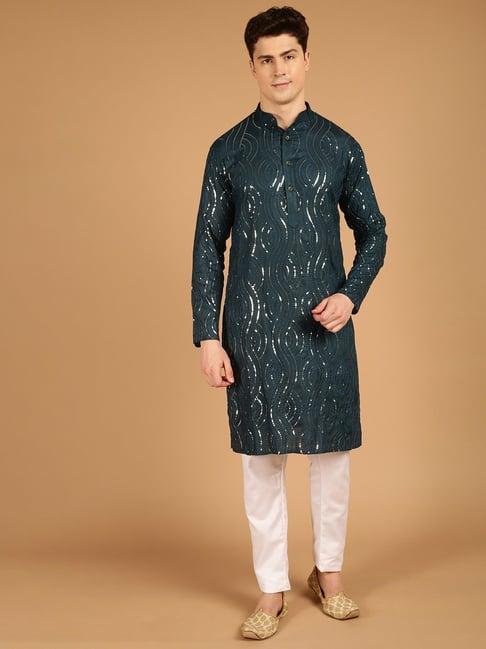 sojanya teal blue cotton regular fit embellished kurta