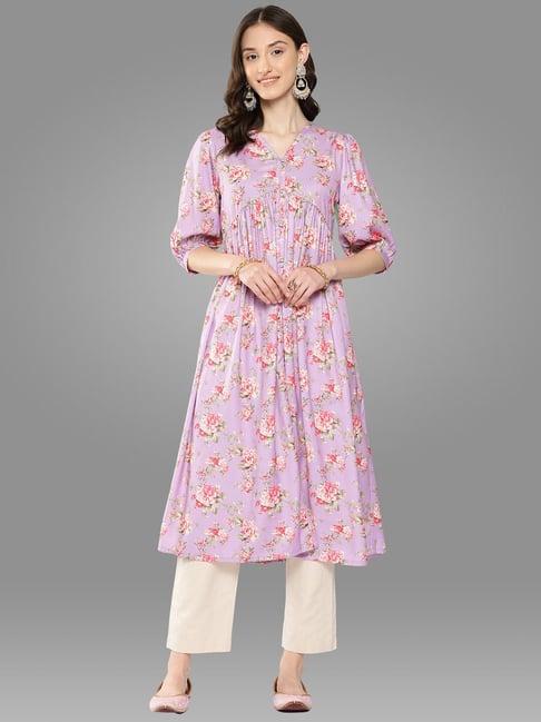 janasya lavender floral print a line kurta