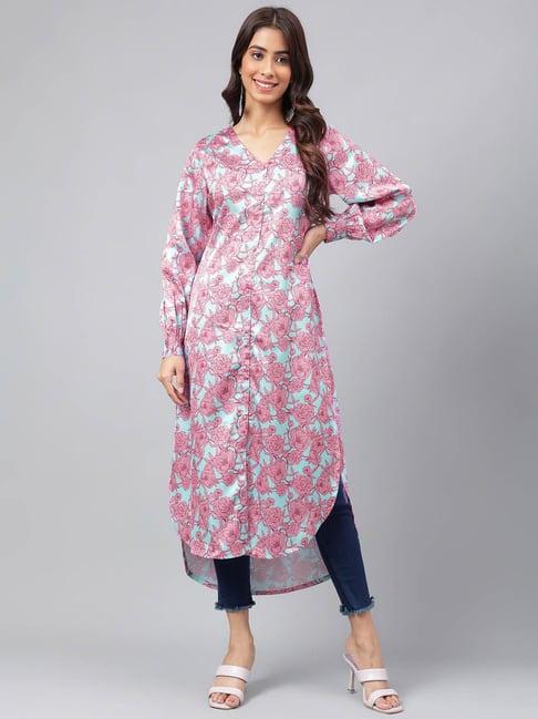 janasya sea green floral print high low kurta