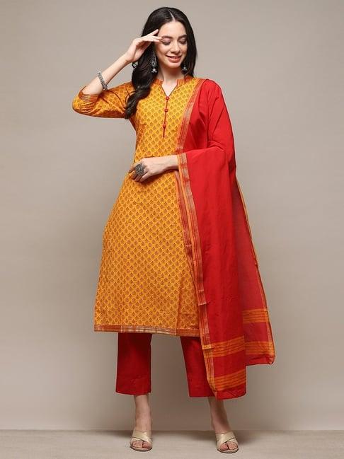 biba orange & red cotton printed unstitched dress material