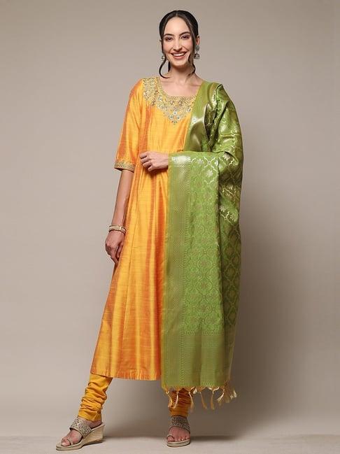 biba mustard embroidered kurta churidar set with dupatta