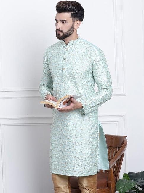 sojanya sea green & gold regular fit embroidered kurta