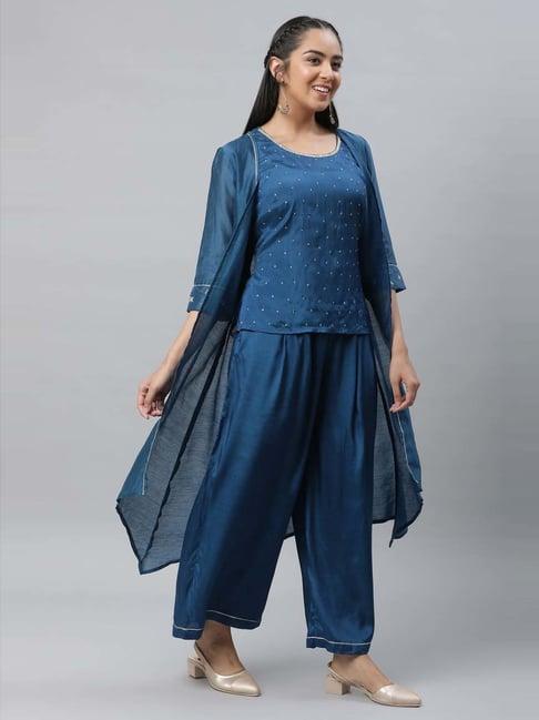 aurelia blue embroidered top palazzo set with jacket