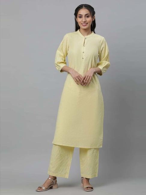 aurelia yellow cotton striped kurta palazzo set