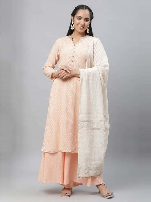 aurelia peach cotton printed kurta palazzo set with dupatta