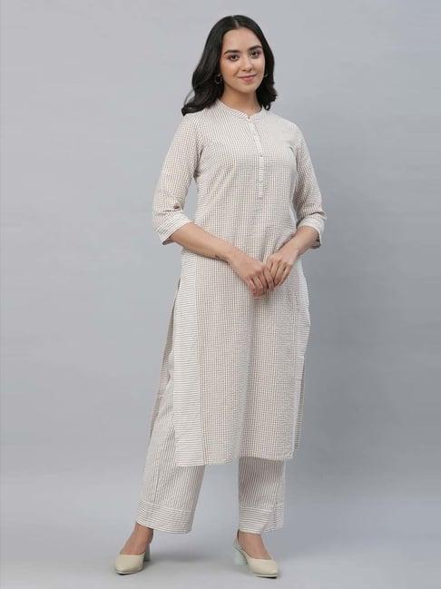 aurelia beige cotton chequered kurta palazzo set