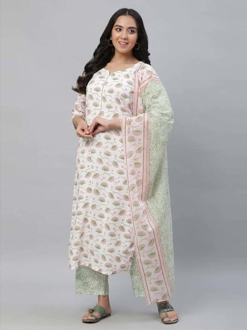 aurelia white & green printed kurta palazzo set with dupatta