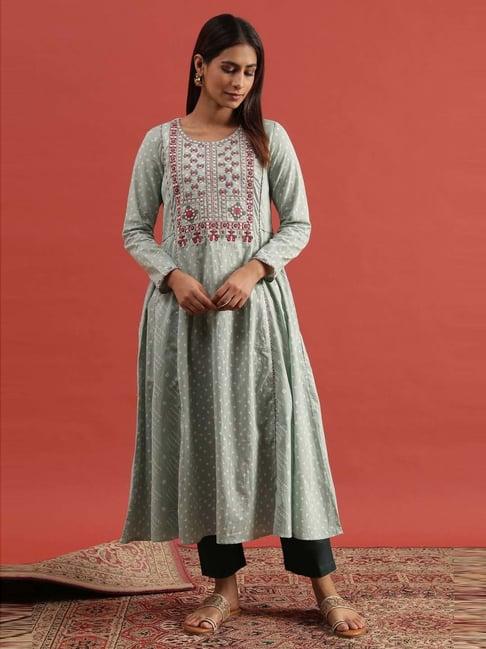 folksong by w green cotton embroidered fit and flare kurta