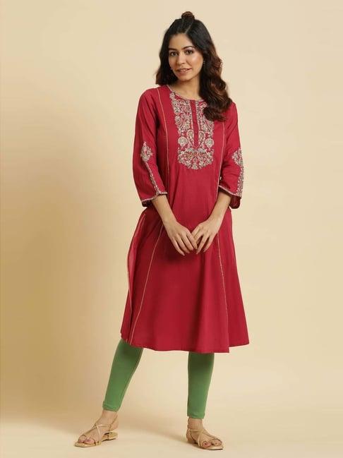 w maroon cotton embroidered a line kurta