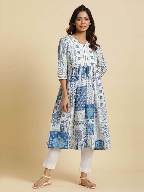 w white & blue cotton printed fit and flare kurta