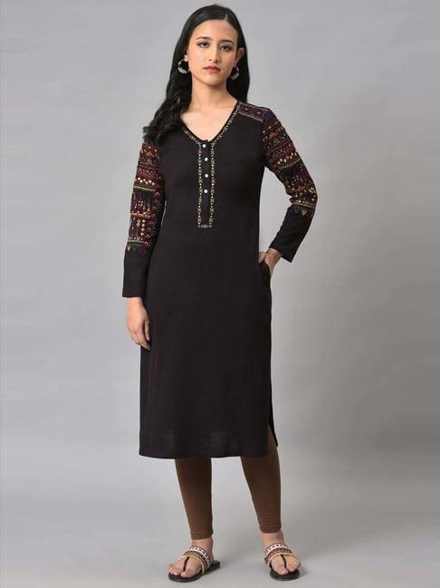 w black embroidered straight winter kurta