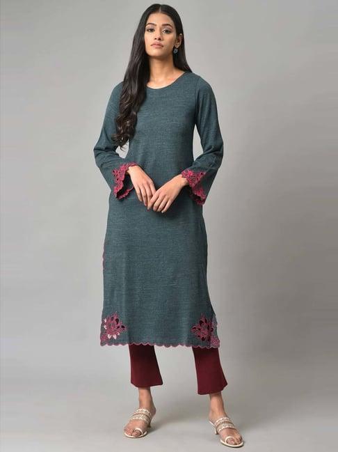 w blue straight winter kurta