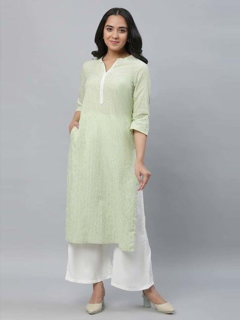 aurelia green striped straight kurta