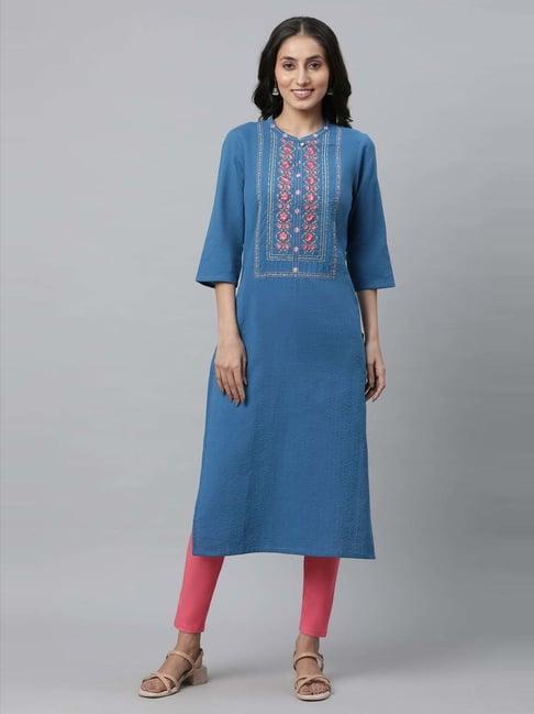 aurelia blue embroidered straight kurta