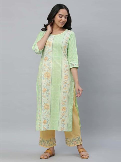 aurelia green cotton printed straight kurta