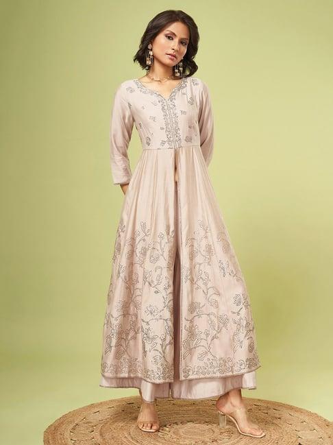 marigold lane beige embellished kurta pant set with dupatta