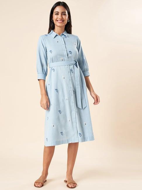 akkriti by pantaloons powder blue cotton embroidered shirt dress