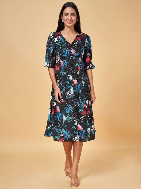 honey by pantaloons black floral print a-line dress